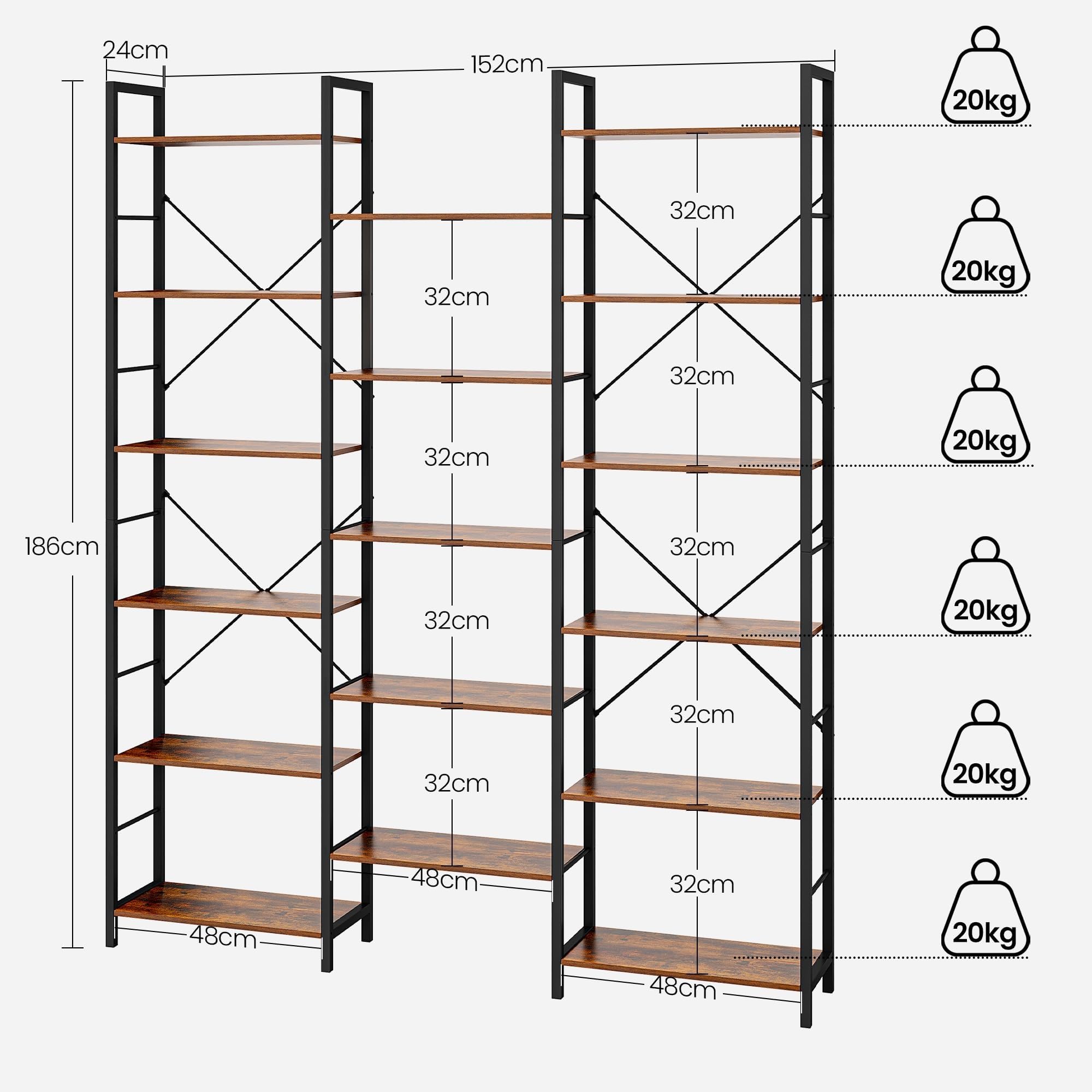 Hzuaneri Scaffale a 6 Ripiani, Libreria a Stelo con 17 Ripiani, Distanza Regolabile, 24 × 152 × 186 cm, Struttura in Metallo, per Soggiorno, Camera da Letto, Ufficio, Marrone Vintage e Nero BC10101B