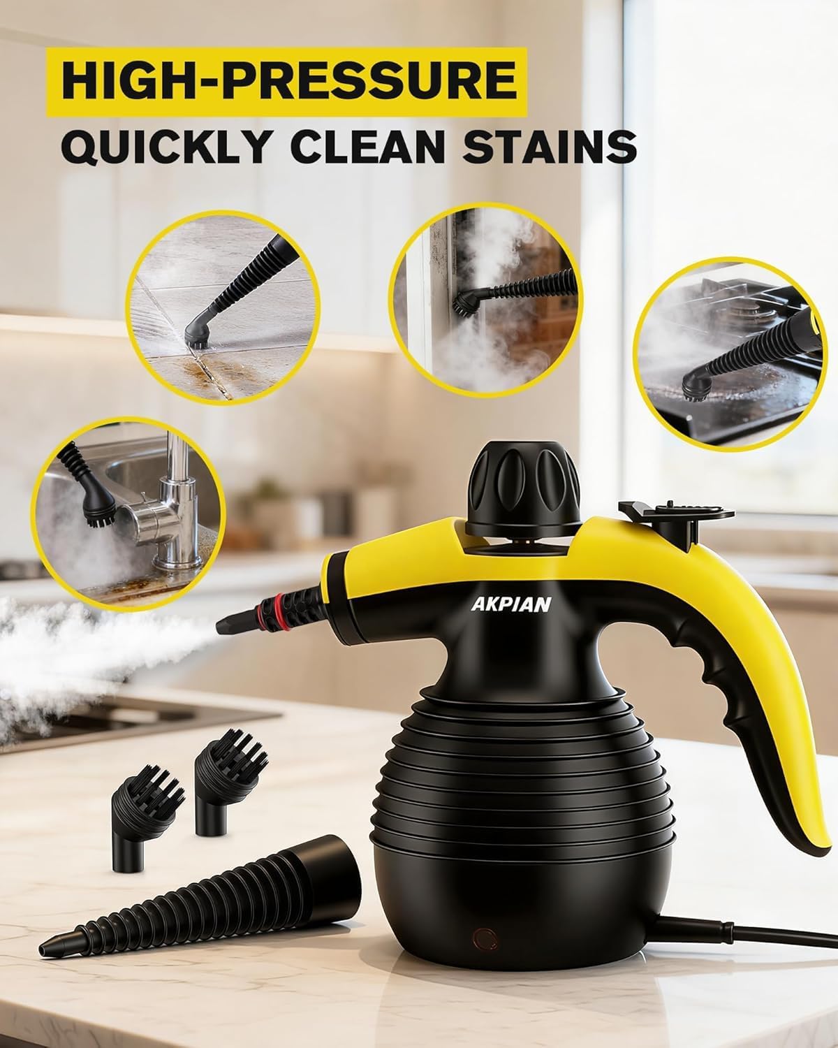Handheld Steam Cleaner, 1050W Rapid-Heating Stainless Steel Boiler, Safety Locking Mechanism, Includes 10 Cleaning Tools, Deep Cleans Kitchens, Bathrooms, Cars, Windows, and More, Black
