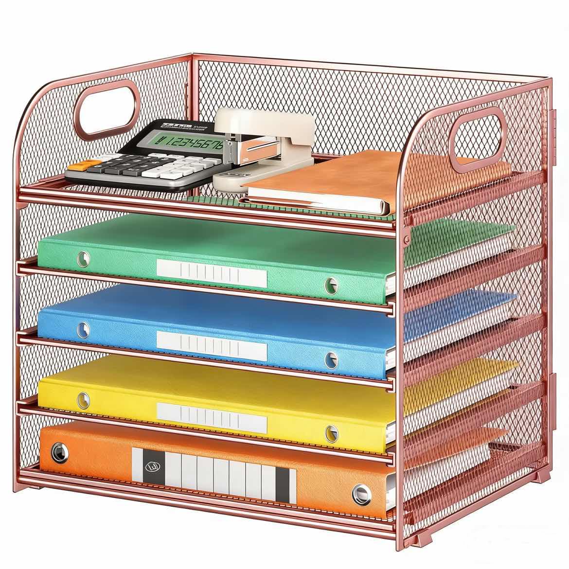 5 Tray Paper Organizer Letter Tray with Handle - Mesh Desk File Organizer, Paper Sorter Organizer for Office, Home or School File Folder Holder - Rose Gold