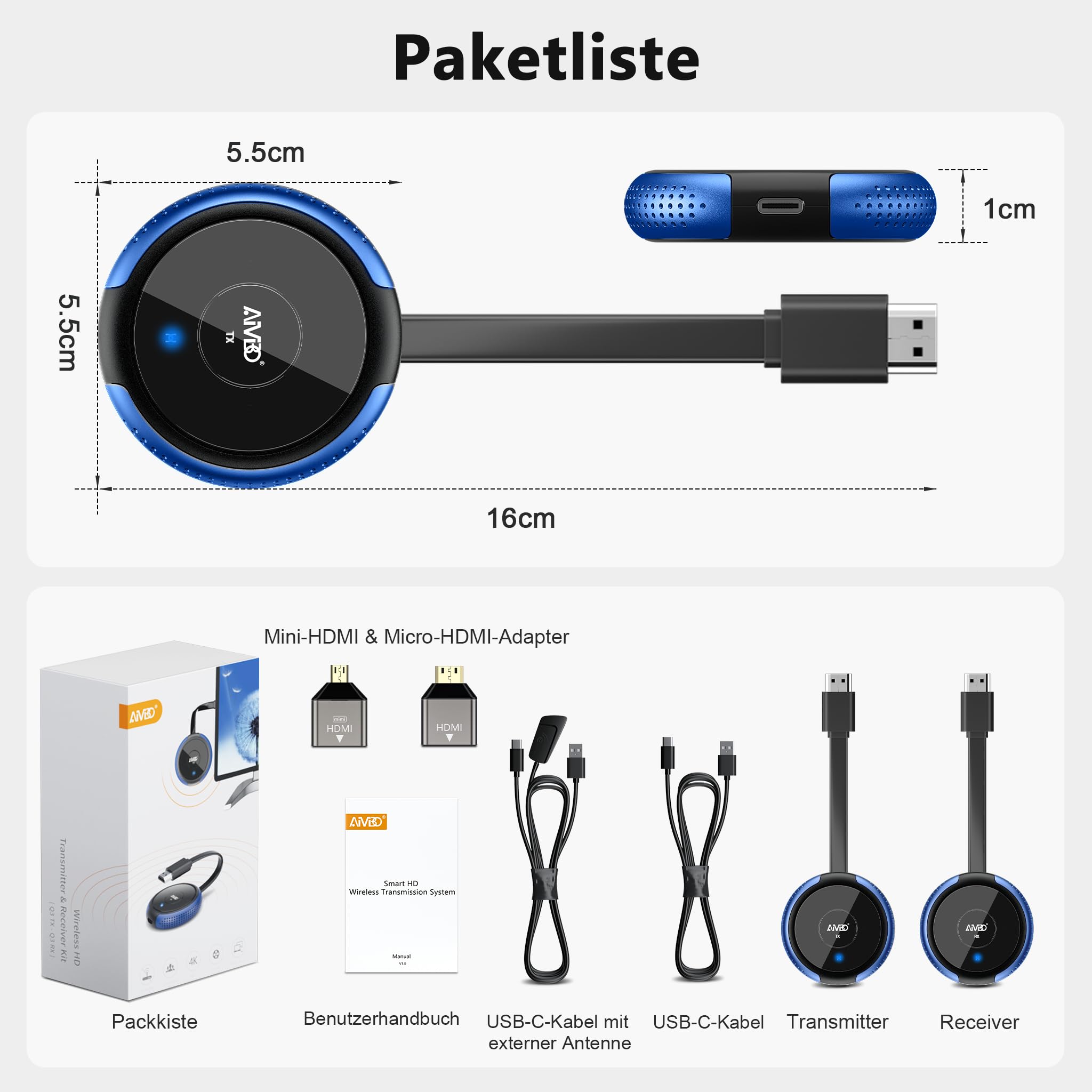 HDMI Wireless, Kabellose Transmitter and Receiver 50M Funk Funkübertragung, 5.8G Drahtlos Übertragen Sender Empfänger, Plug & Play für Casting Video Audio File von Laptop/PC zu TV/Projektor, 2.16''