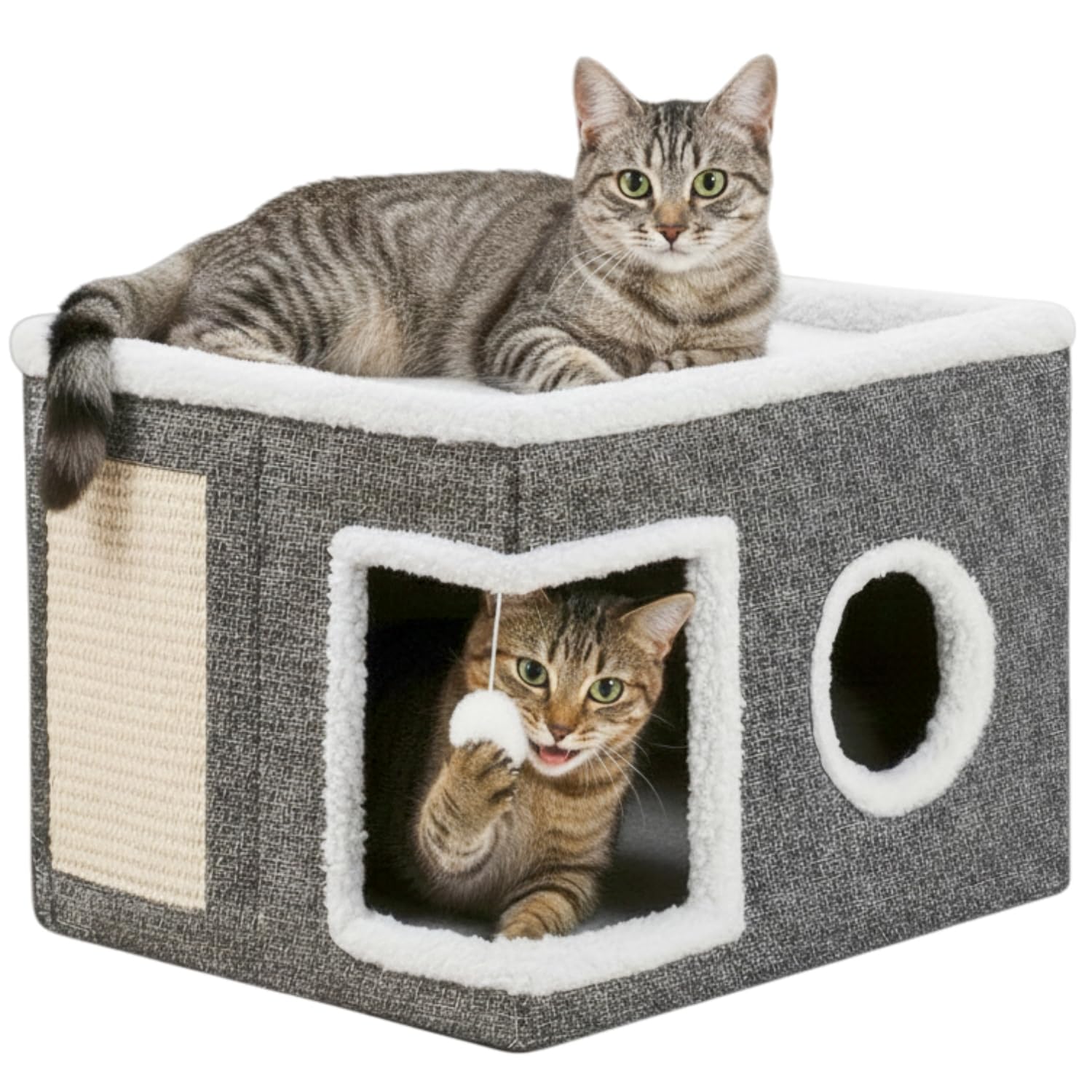 Nesrefyn Cat Beds for Indoor Cats - Foldable Cat Cave House with Scratch Pad and Fluffy Ball, Kitten Bed and Pet Bed Furniture (Grey-S)