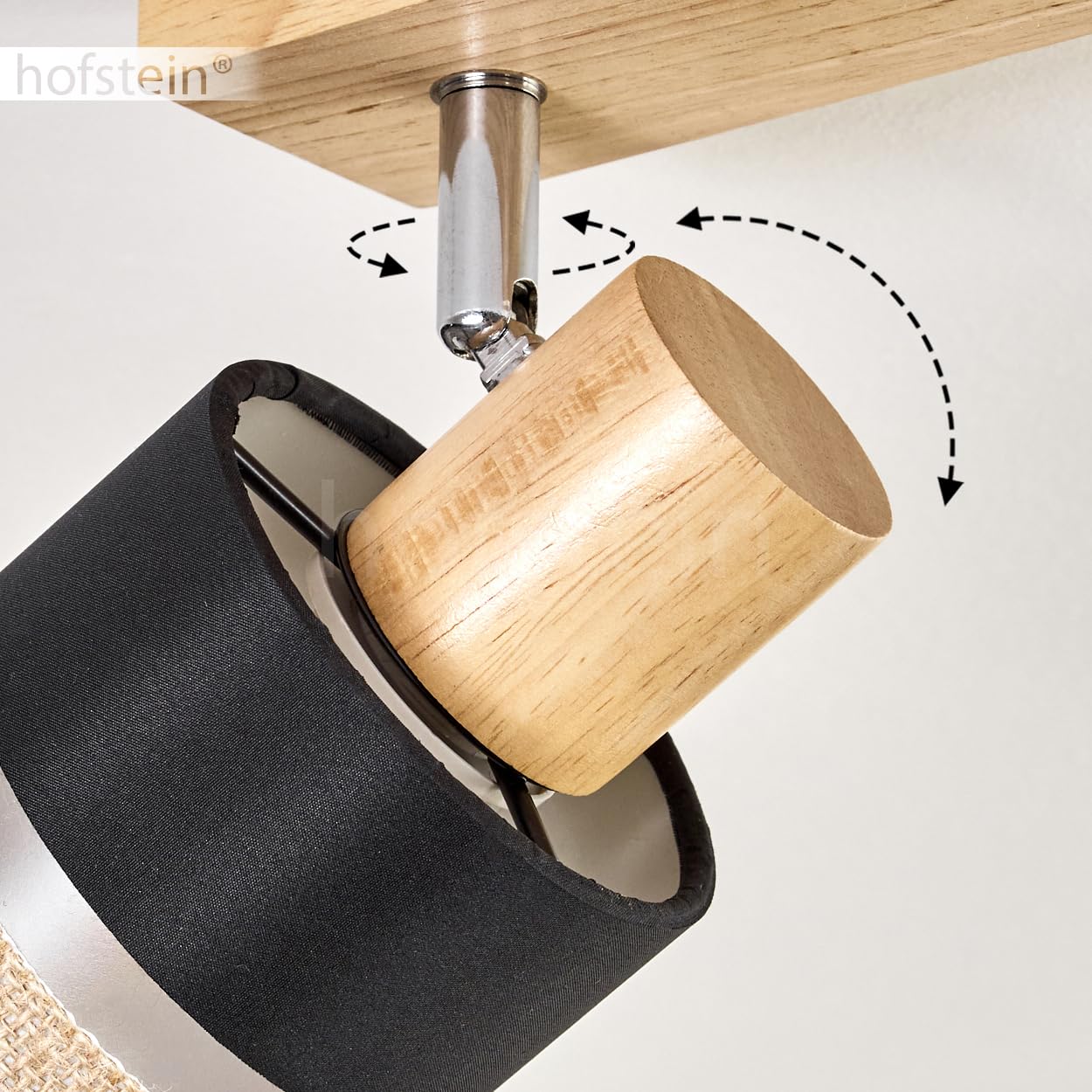 Plafonnier Fallhagen, plafonnier moderne en bois/métal/lin dans les coloris naturel/chrome/noir, luminaire à 4 ampoules au design scandinave avec spots réglables, 4 x E14, sans ampoules