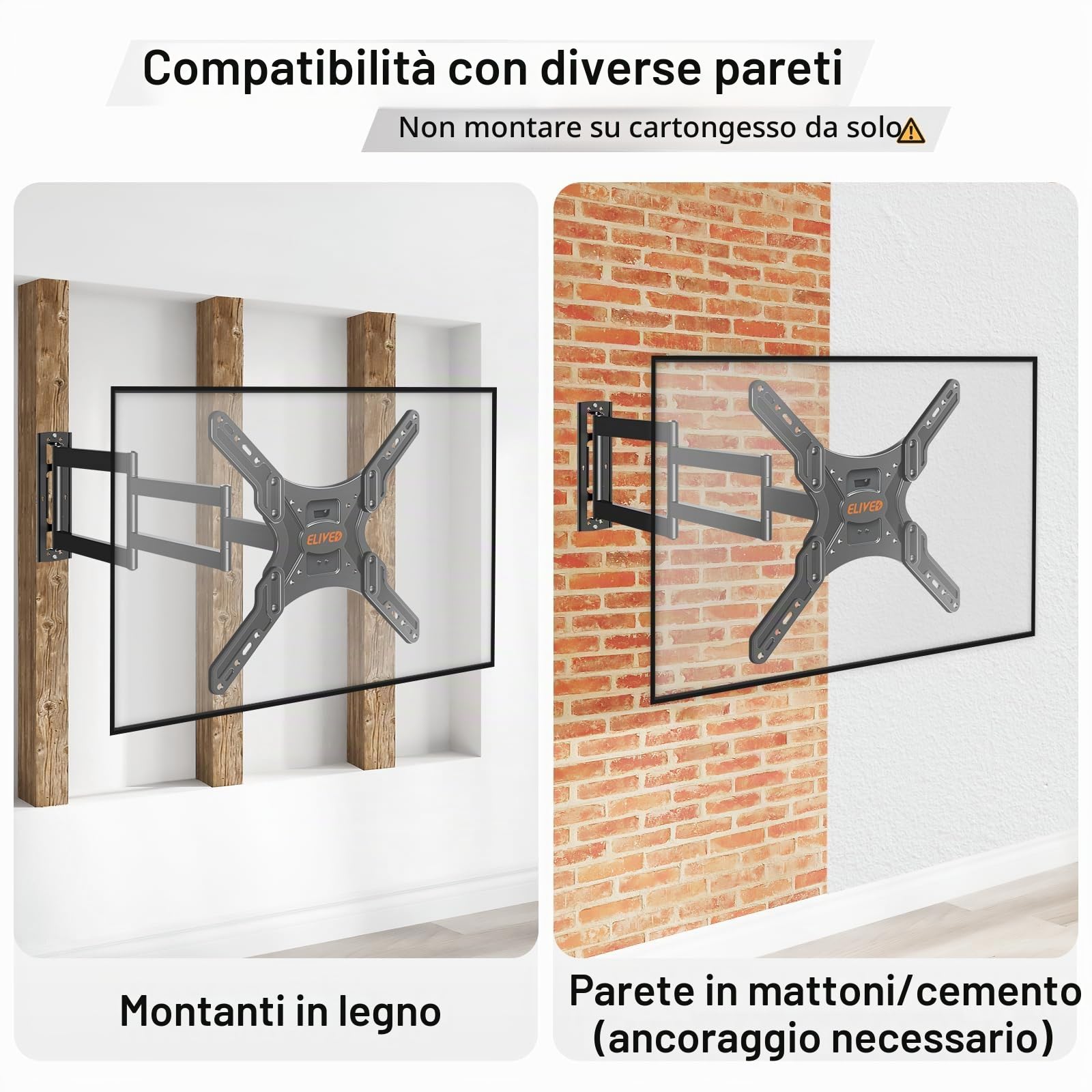 ELIVED Supporto TV a parete a braccio lungo Supporto TV angolare per la maggior parte dei televisori da 26 a 65 pollici con braccio di estensione da 950 mm VESA 400x400 mm fino a 35 kg EV3018