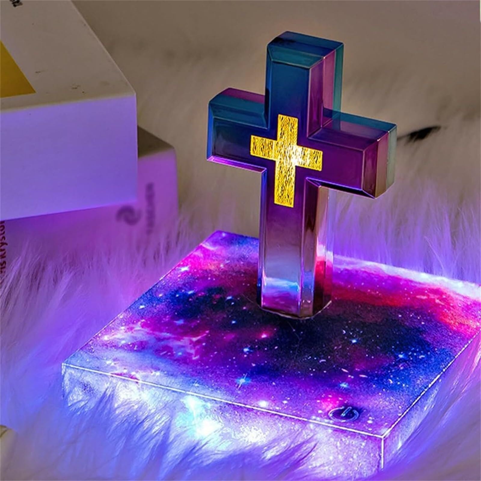 LOKORI Handmade Levitating Cross Lamp, Floating Cross, Magnetic Levitating Cross Lamp Bible, Christian Home Decorations, Maglev Cross Ornament Nightlight (Color : Starry Sky Base+Colorful Cross)