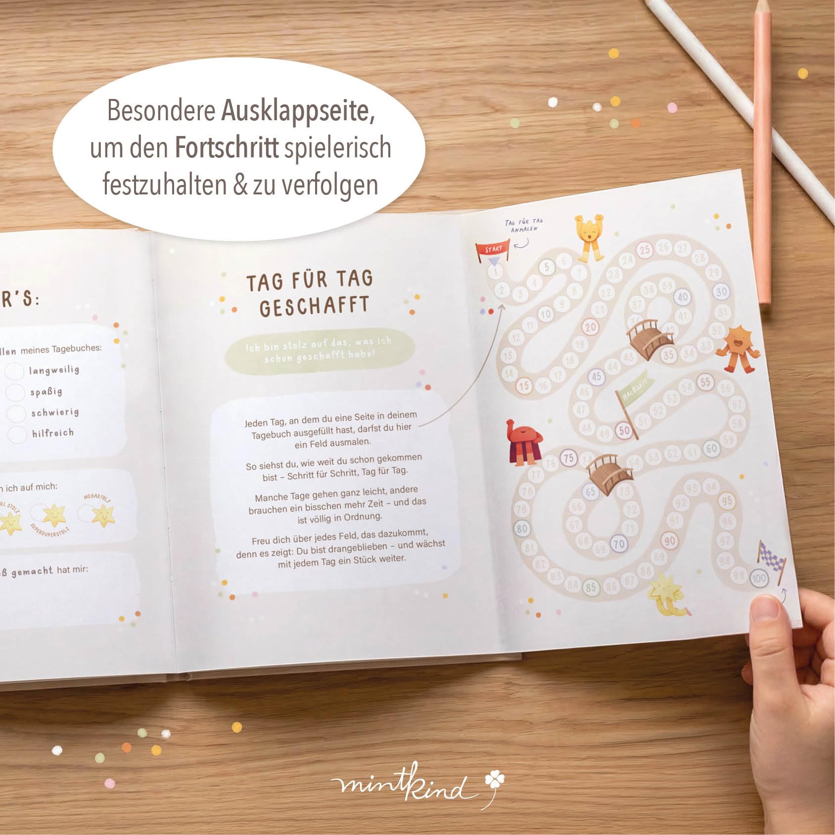 mintkind® Gefühlstagebuch Kinder 6–10 Jahre, pädagogisch entwickelt, 100 Tage Gefühle verstehen & Dankbarkeit, zum Ankreuzen & Ausfüllen, inkl. 160 Sticker, A5, 146 Seiten, Rätsel & Übungen
