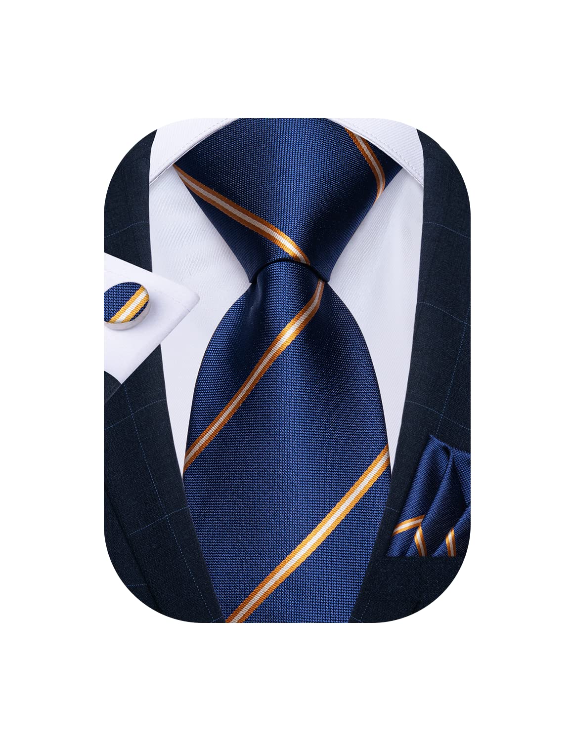DiBanGu Navy Blue Stripe Tie for Men Silk Necktie Pocket Square Cufflinks Set Business