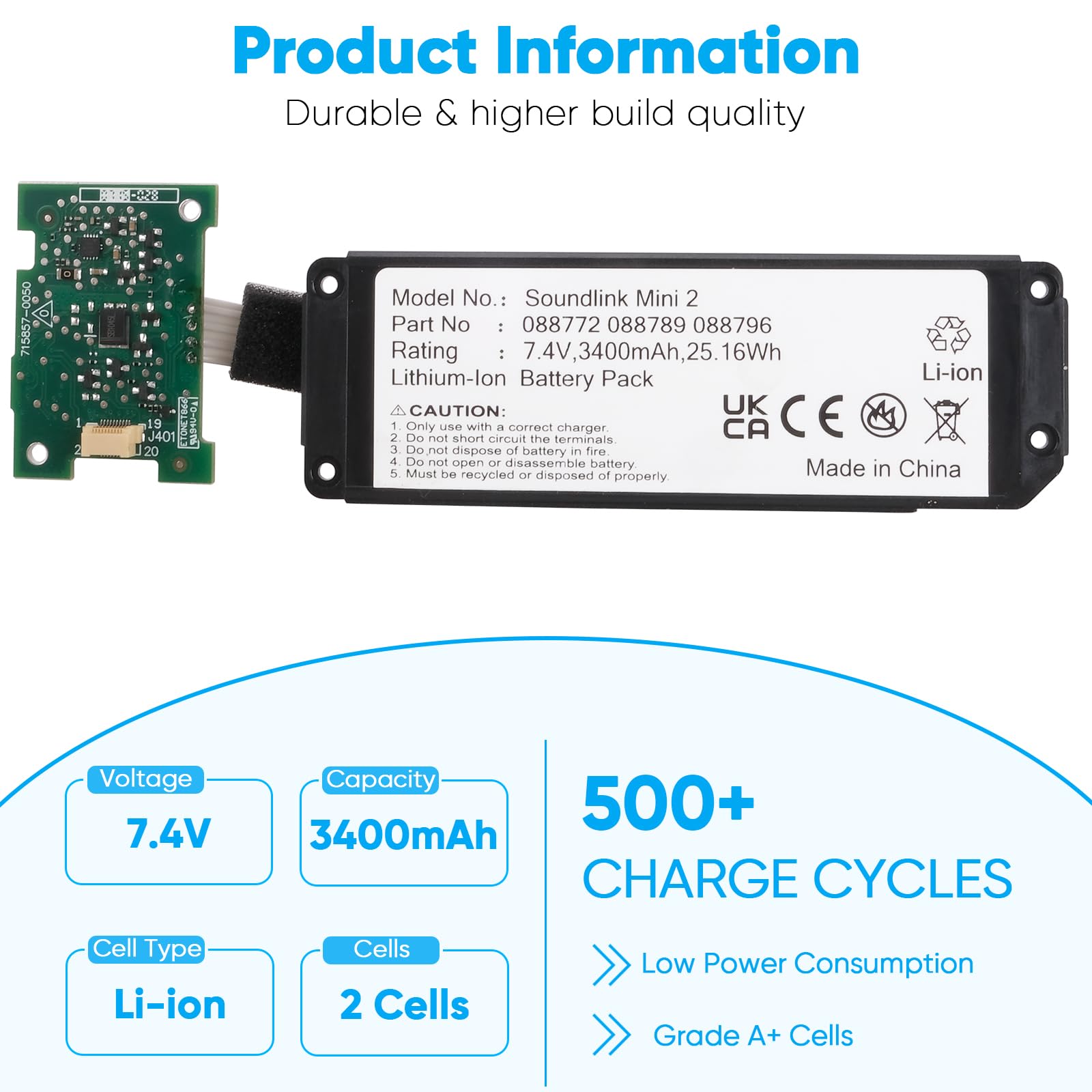 3400mAh 7,4V Batterie Compatible avec Bose Soundlink Mini 2 l'enceinte Bluetooth, Compatible avec Bose 088772, 088789, 088796, 080841, avec Circuit Imprimé(PCB)