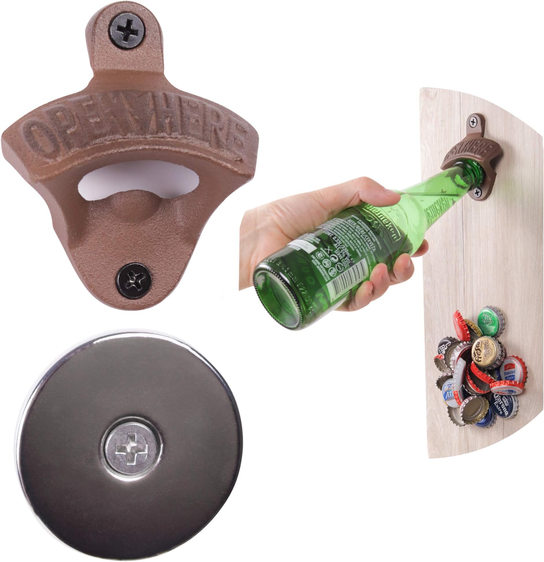 Best Bottle opener wall mounted - Rustic vintage cast iron with magnet cap catcher - housewarming gifts for men by Beerust - great as beer accessories, barware, kitchen and man cave