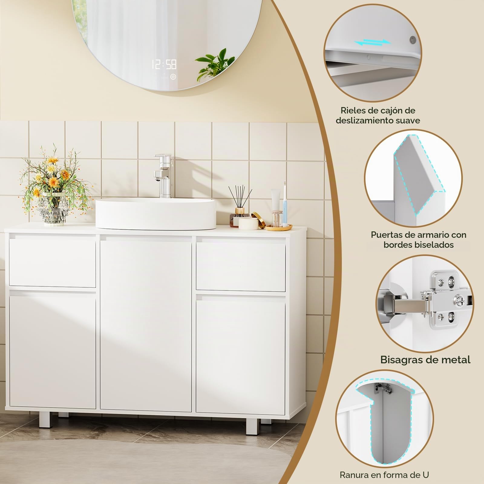 BEWISHOME Mueble Bajo Lavabo de Baño con Pies, Armario de Baño | 90 x 30 x 62.5 cm, Mueble Bajo Fregadero 2 Cajones, 3 Puertas, Gran Capacidad de Almacenamiento, Blanco, EYSG01W