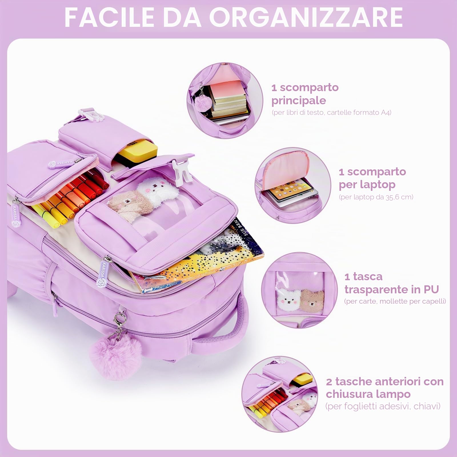 Amythe Zaino Scuola Elementare Bambina Traspirante, 7-12 anni | Zaini per Bambini dalla Prima alla Quinta Elementari, Zaino Ragazza in Nylon Impermeabile con Ciondolo, Viola