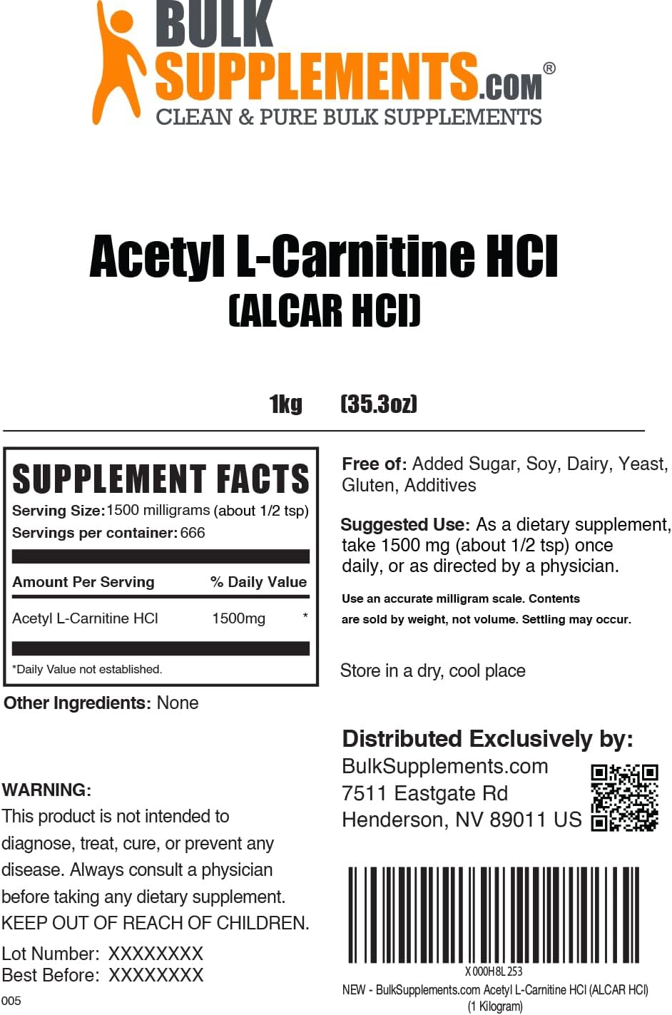 BulkSupplements.com Acetyl L-Carnitine Powder - as ALCAR HCl, Carnitine Supplement - Gluten Free, 1.5g per Serving, 1kg (2.2 lbs) (Pack of 1)