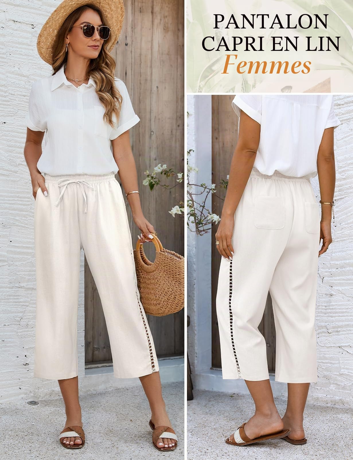 Voqeen Pantalon Lin Femme Pantacourt Été Taille Élastique Et Cordon De Serrage Pantalon Corsaire Léger avec Poches Short Lin Décontracté Pantalon 3/4 Creux pour Femmes