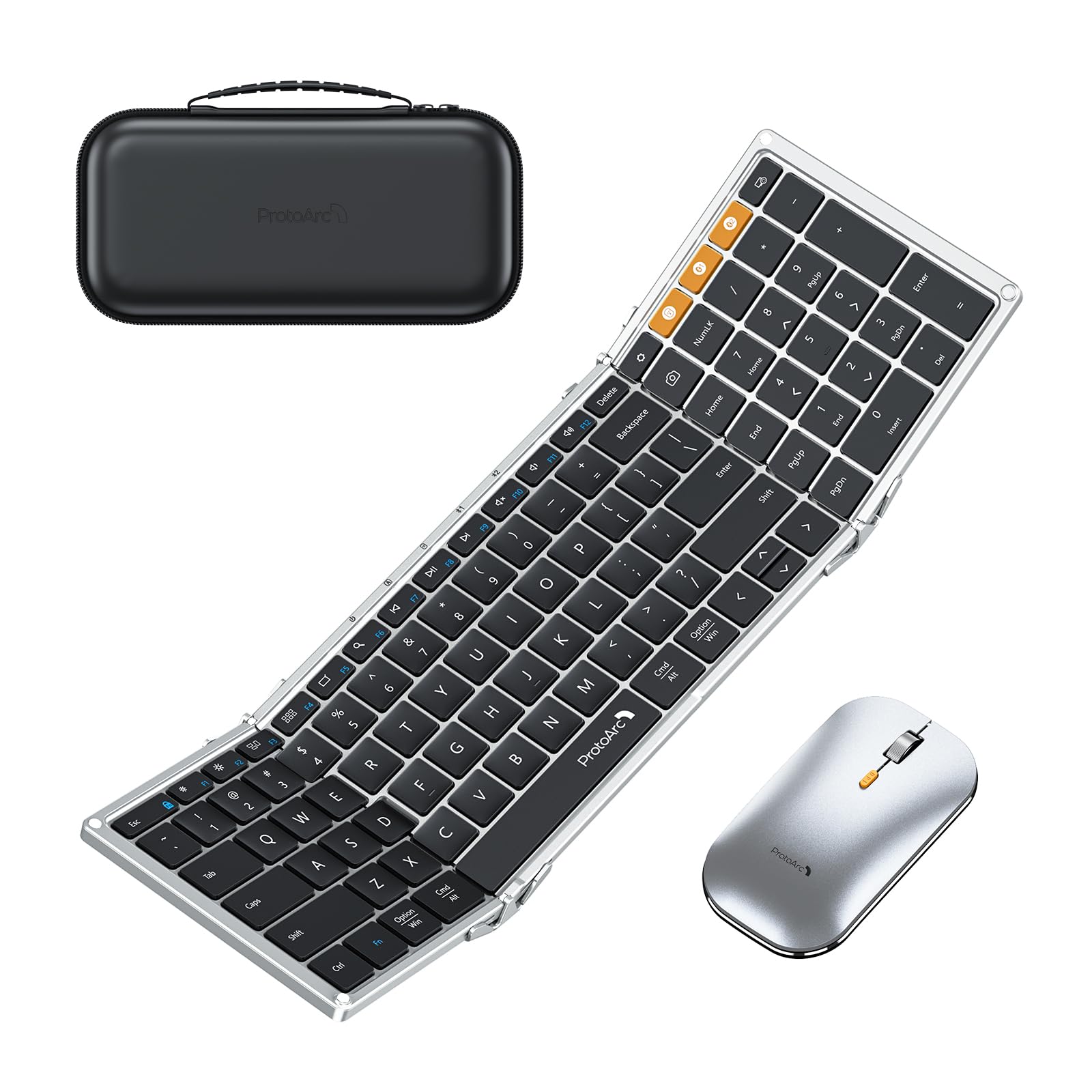 ProtoArcFoldable Keyboard and Mouse, XKM01 True Full Size Foldable Keyboard Mouse Combo for Work and Travel, 2.4G + Dual Bluetooth Portable Mouse Keyboard for Laptop iPad Tablet, Black Silver