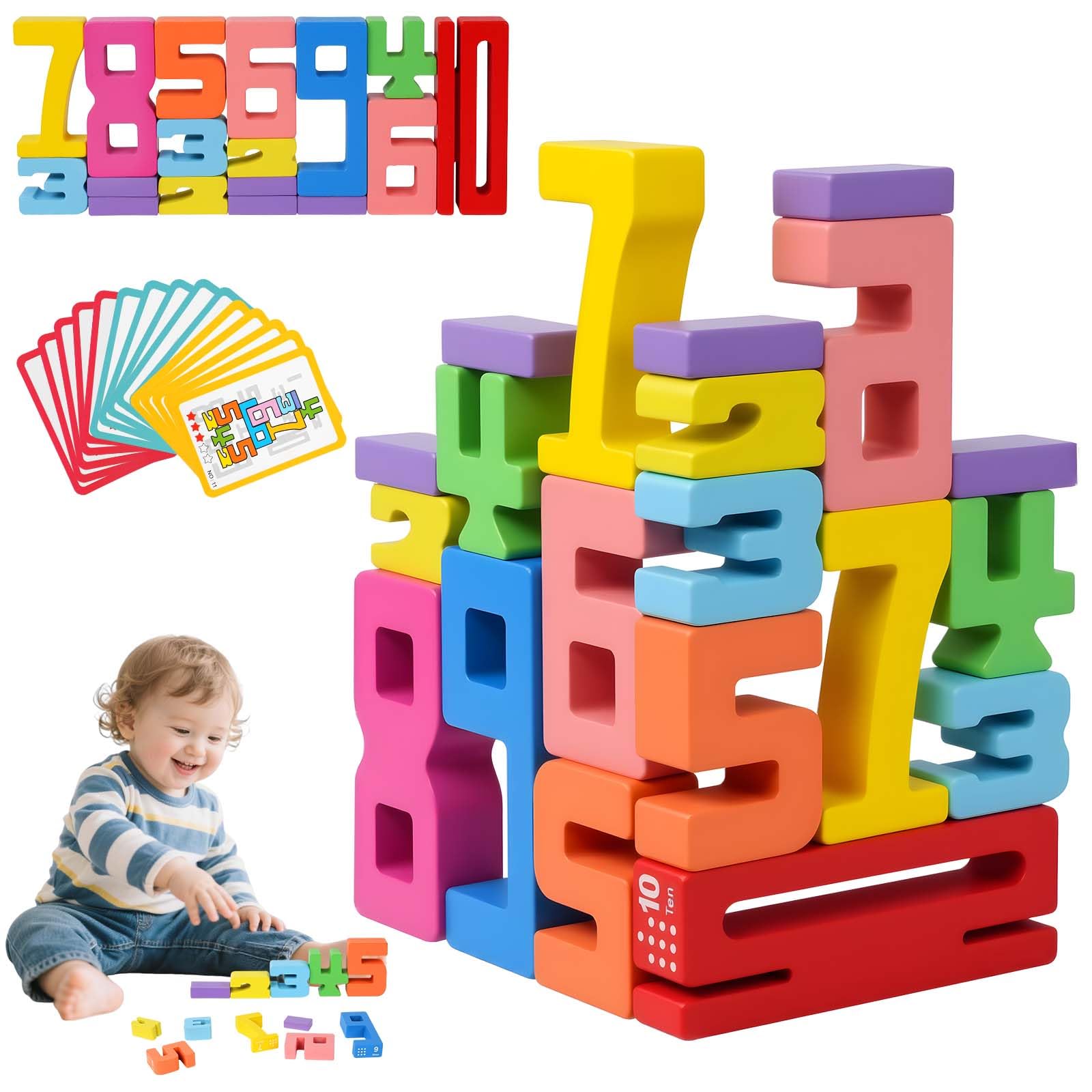 Ainiv Number Blocks for Kids, Wooden Blocks Numbers 1-10, Montessori Inspired Blocks Toys, Math Games for Preschool (20 Blocks, 15 Cards)