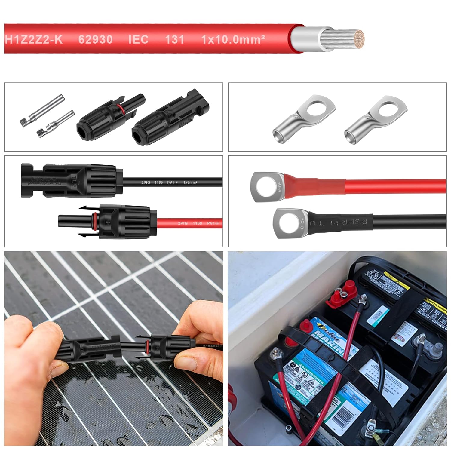 Shirbly Solar Panel Wire - 30FT Black & 30FT Red Tinned Copper Wire, 8AWG(10mm²) PV Wire Solar Extension Cable for Outdoor Automotive RV Boat Marine Solar Panel - Black & Red (8AWG 30FT) : Patio, Lawn & Garden