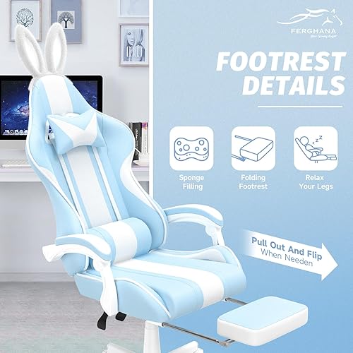 Miniatura 6 de Ferghana Kawaii - Silla de juegos azul claro con orejas de conejo, ergonómica y bonita silla para jugadores con reposapiés y masaje, silla
