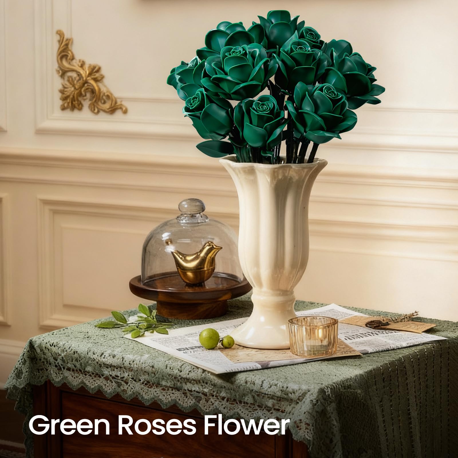 iATOM Burgundy Red Rose Bouquet Building Set, 12Pcs Flower Botanical Collection Kit for Adult, for Her/Girlfriend/Mom/Wife/Couple, Vintage Home Office Table Centerpiece Decor: Green Rose Bouquet