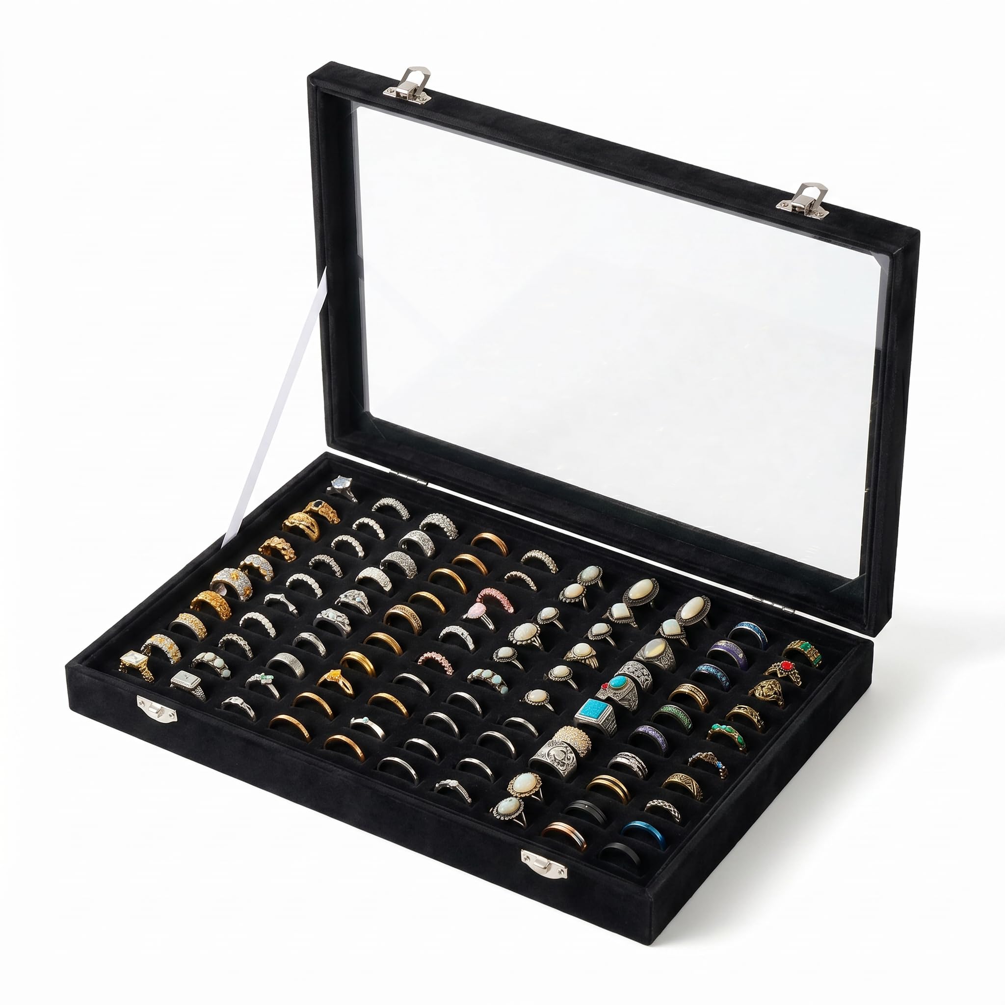 Frebeauty Ring Organiser Tray 100 Slots Ring Holder with Clear Lid Velvet Ring Storage Box Ring Tray for Jewellery Store Ring Display Case for Jewellery Show Ring Box for Women(Black)