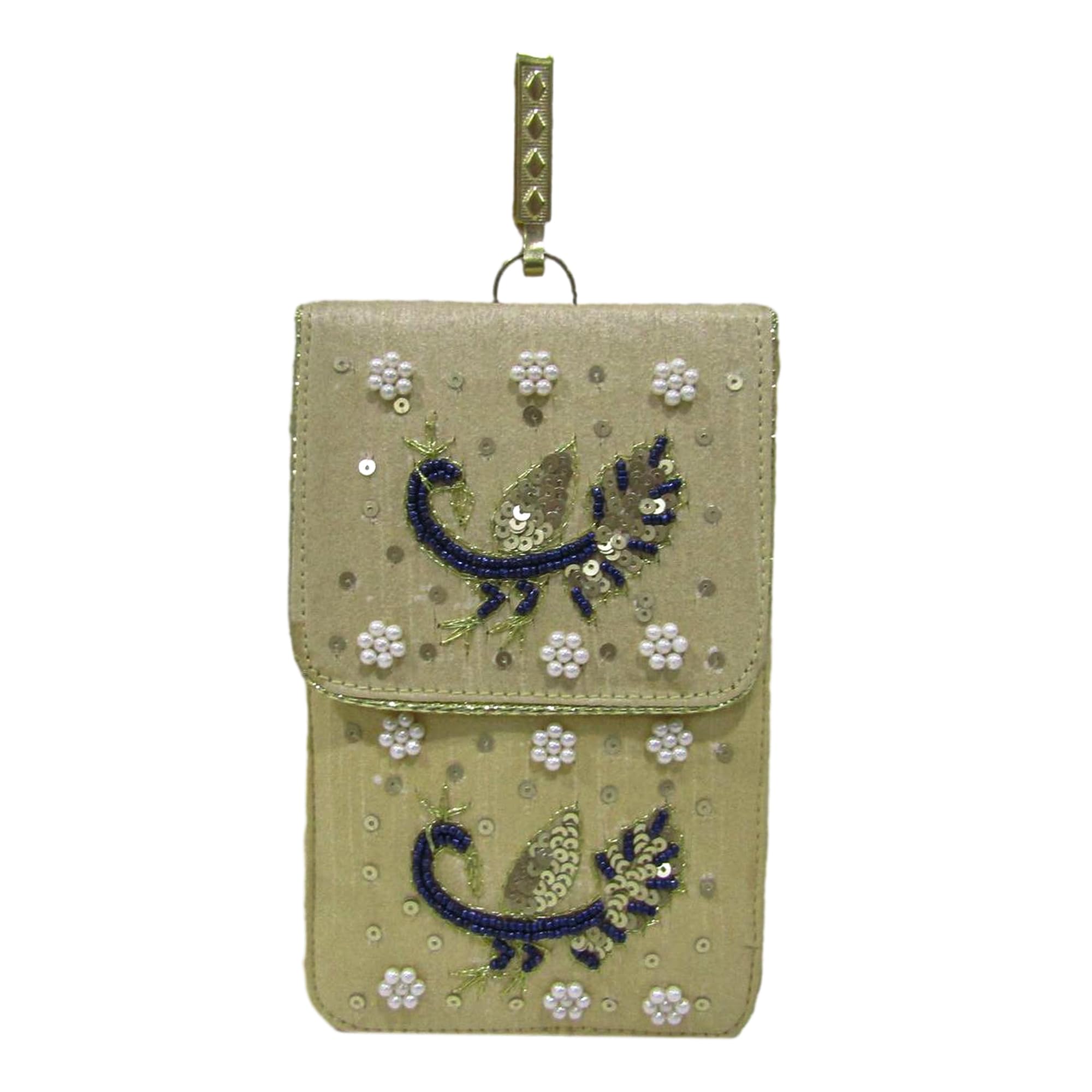Exclusive Peacock Moti Hand Embroidery Mobile Pouch With Waist Clip Hook & Detachable Golden Sling Chain Beaded Design,Ethnic Phone Purse for Women and Girls For Party Wedding-image-26