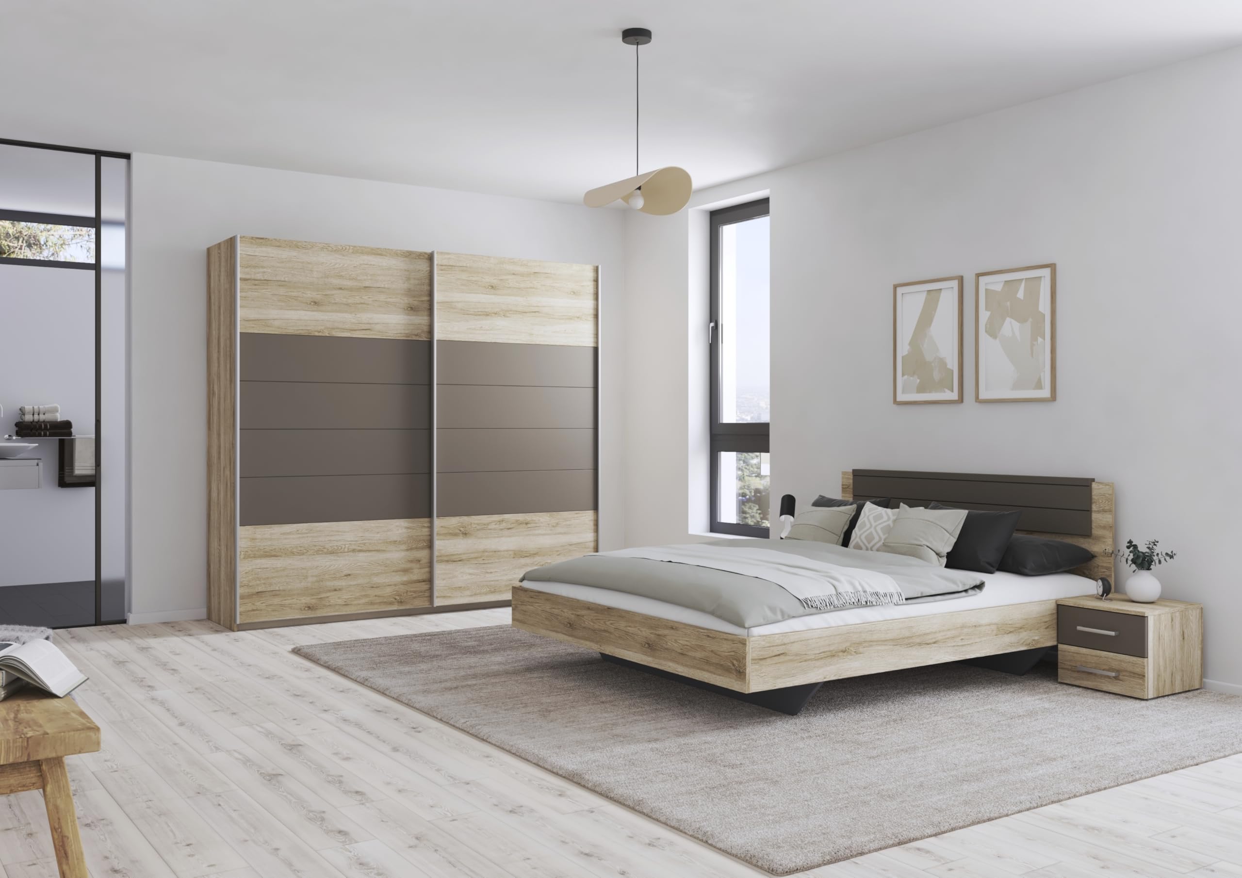 Rauch Möbel Barcelona - Camera da letto in rovere Sanremo chiaro/grigio lava, composto da letto con superficie di appoggio 160 x 200 cm, con 2 comodini e armadietto con ante sospese, 226 x 210 x 62 cm