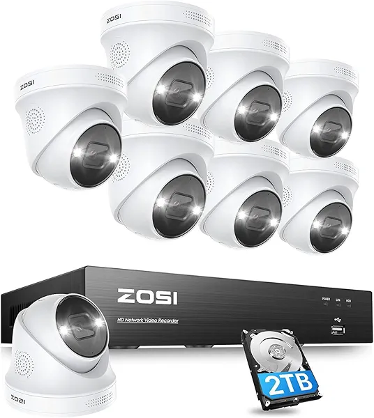 ZOSI 4K Security PoE Camera System with Person Vehicle Detection,8pcs 4K Outdoor Indoor IP Cameras,2 Way Audio,Night Vision,Sound Light Alarm,8 Ports 16CH 8MP NVR with 2TB HDD for Home 24/7 