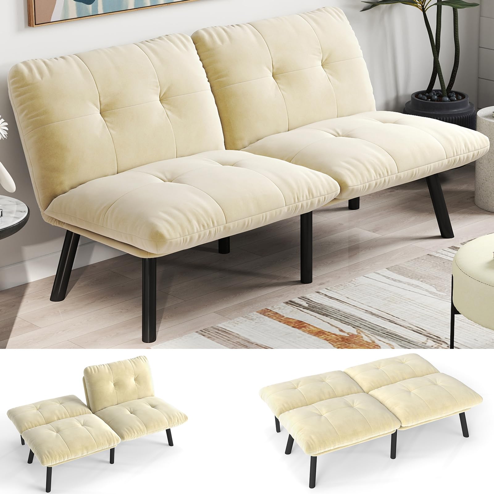 Thctvous 63” Futon Sofa Bed, Velvet Futon Couch with Adjustable Backrest, Small Couch for Bedroom Small Spaces Office, Foam Cushions, 800 LBS Capacity