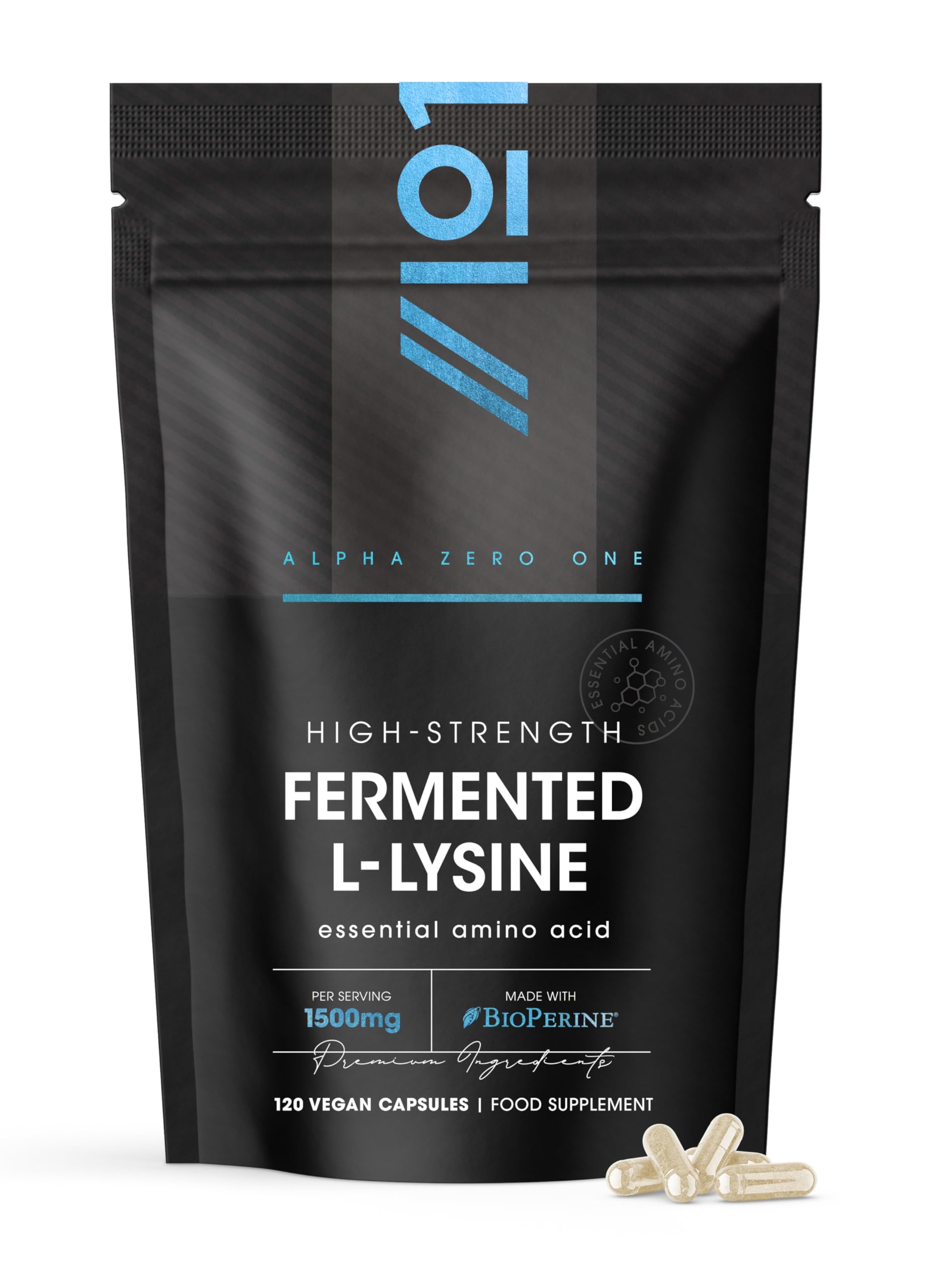 Fermented L-Lysine 1500mg with BioPerine® - Made with Vitamin C - High Strength - 120 Vegan Capsules – Resealable and Recyclable Pouch – by Alpha01