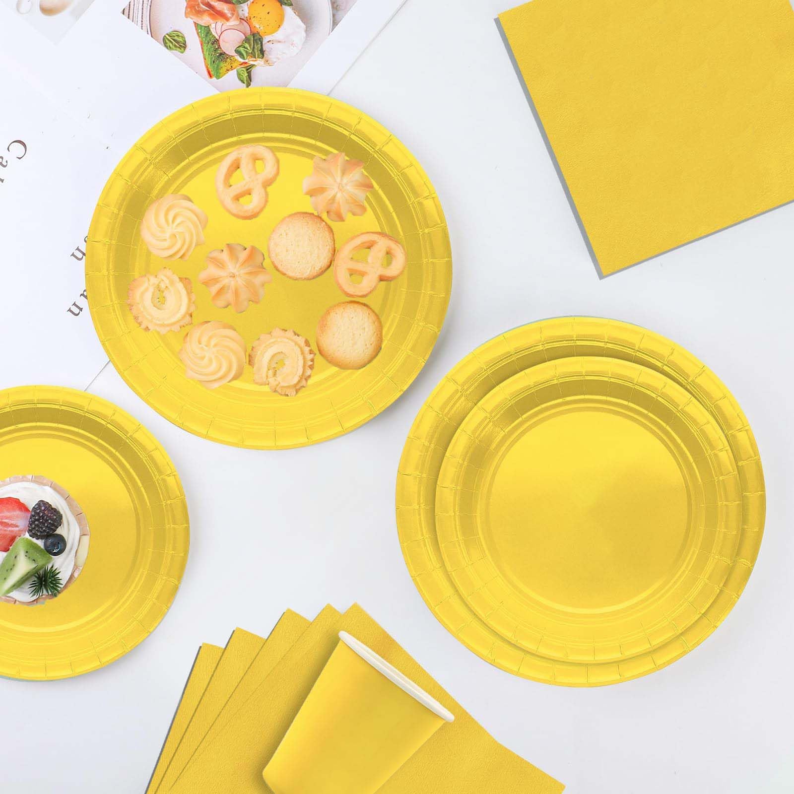 Set Stoviglie Per Feste POPOYU 69 Pezzi Giallo - Piatti, Bicchieri, Tovaglioli E Tovaglia Per 16 Ospiti | Compleanni, Matrimoni - Foto 11