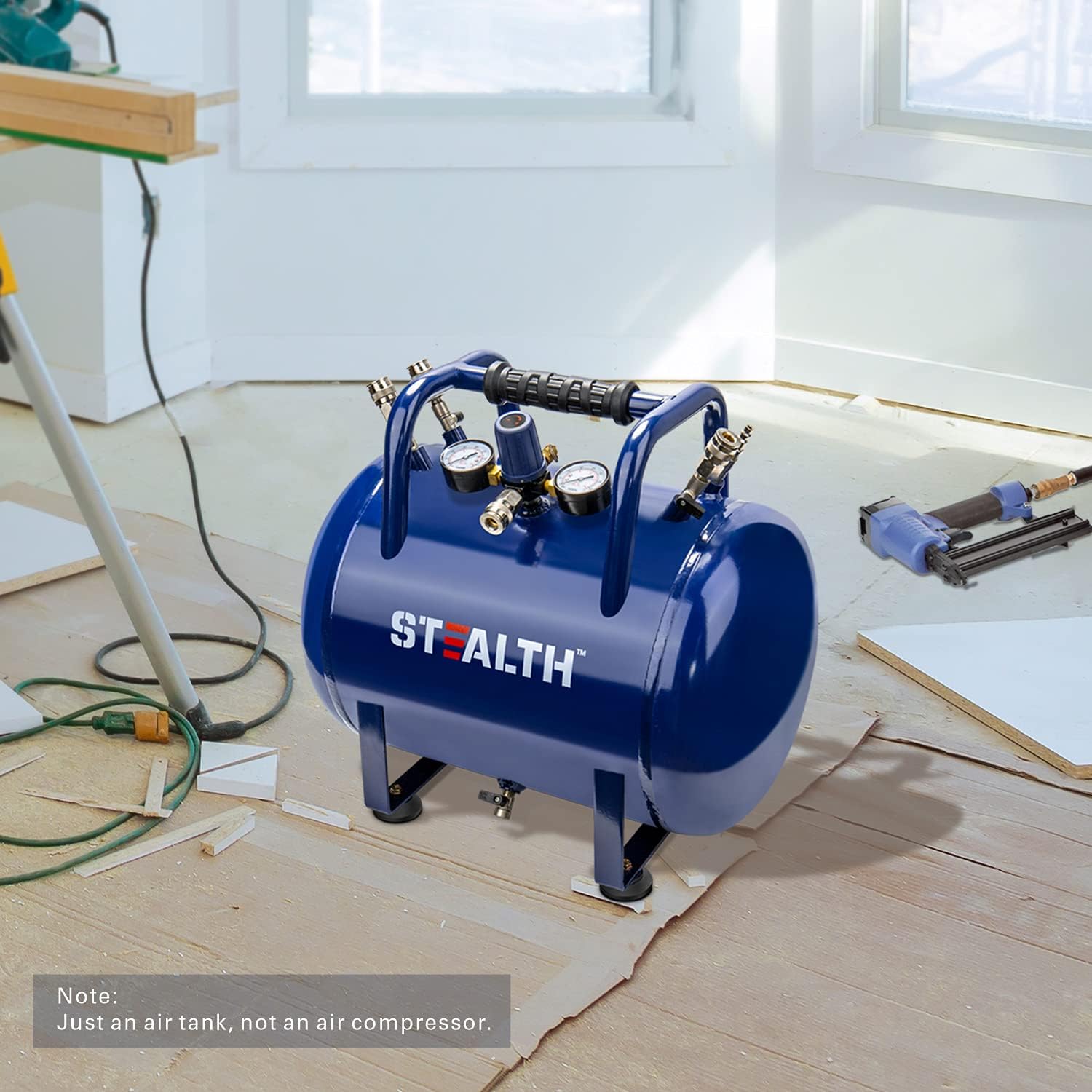 STEALTH SAA-110T Air Tank in a workshop setting with a note: Just an air tank, not an air compressor.