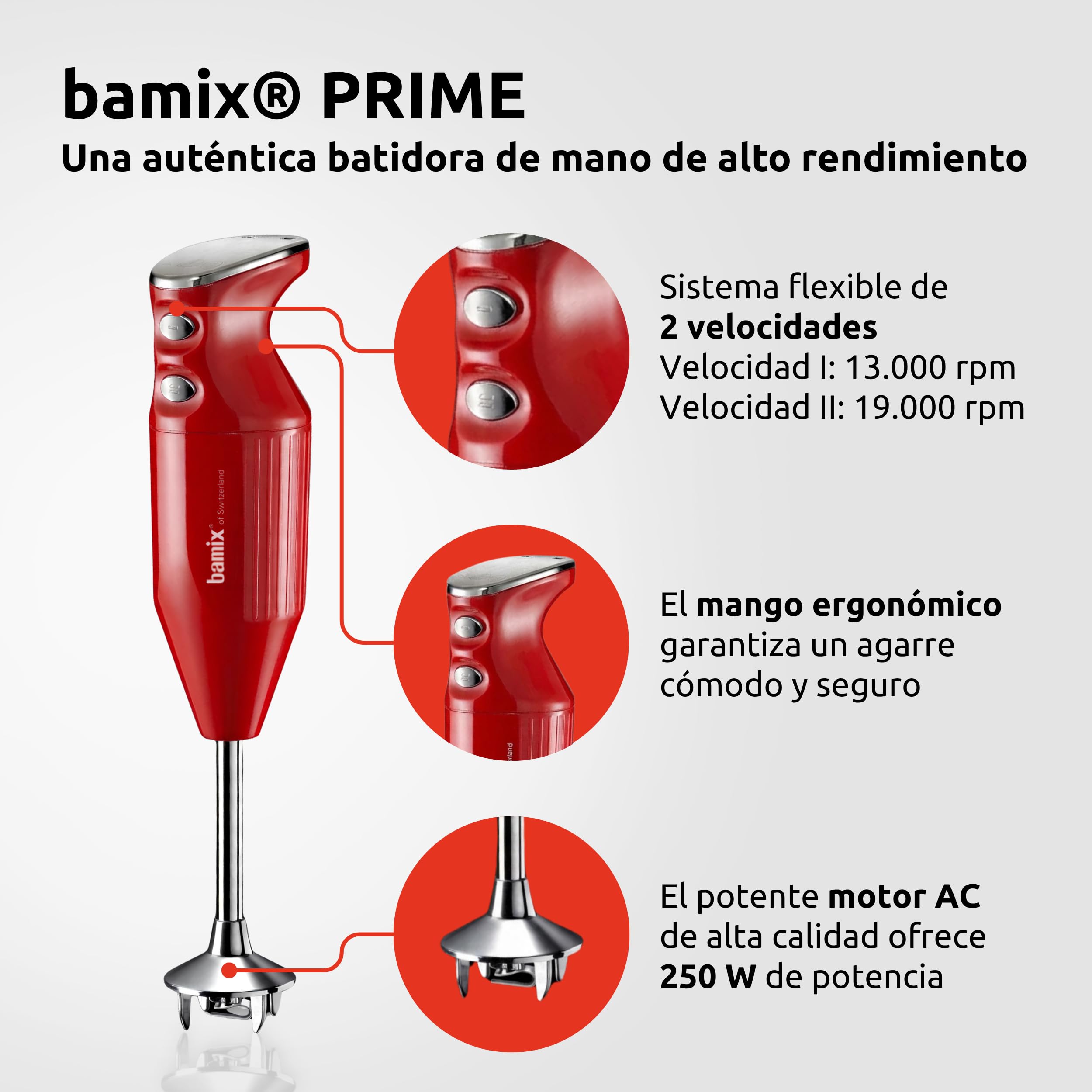 bamix Set de batidora de mano M250 PRIME con multicuchilla, Mezclador, Disco giratorio de acero inoxidable, 250 vatios, 2 velocidades, Made in Switzerland, Rojo/cromado