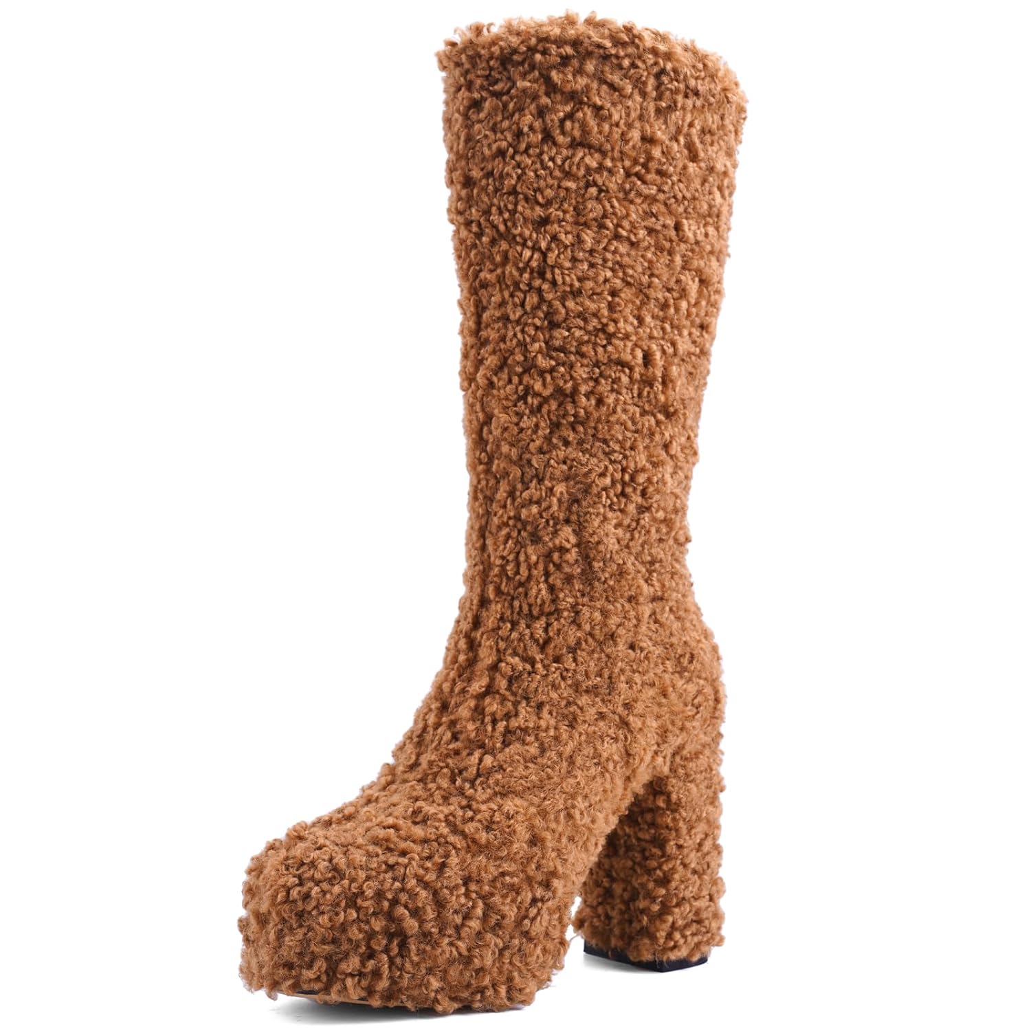 Mid Calf Furry Boots for Women Platform Boots with Chunky High Heel Warm Side Zipper Winter Boots Fashion