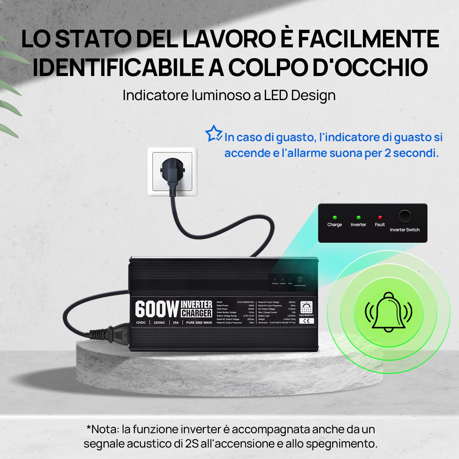 ECO-WORTHY LiFePO4 14,6 V 25 A Caricabatterie con convertitore 600 W da 12 V a 230 V, priorità alla rete e funzione UPS, per batteria LiFePO4 Deep Cycle, auto, camion, veicoli turistici