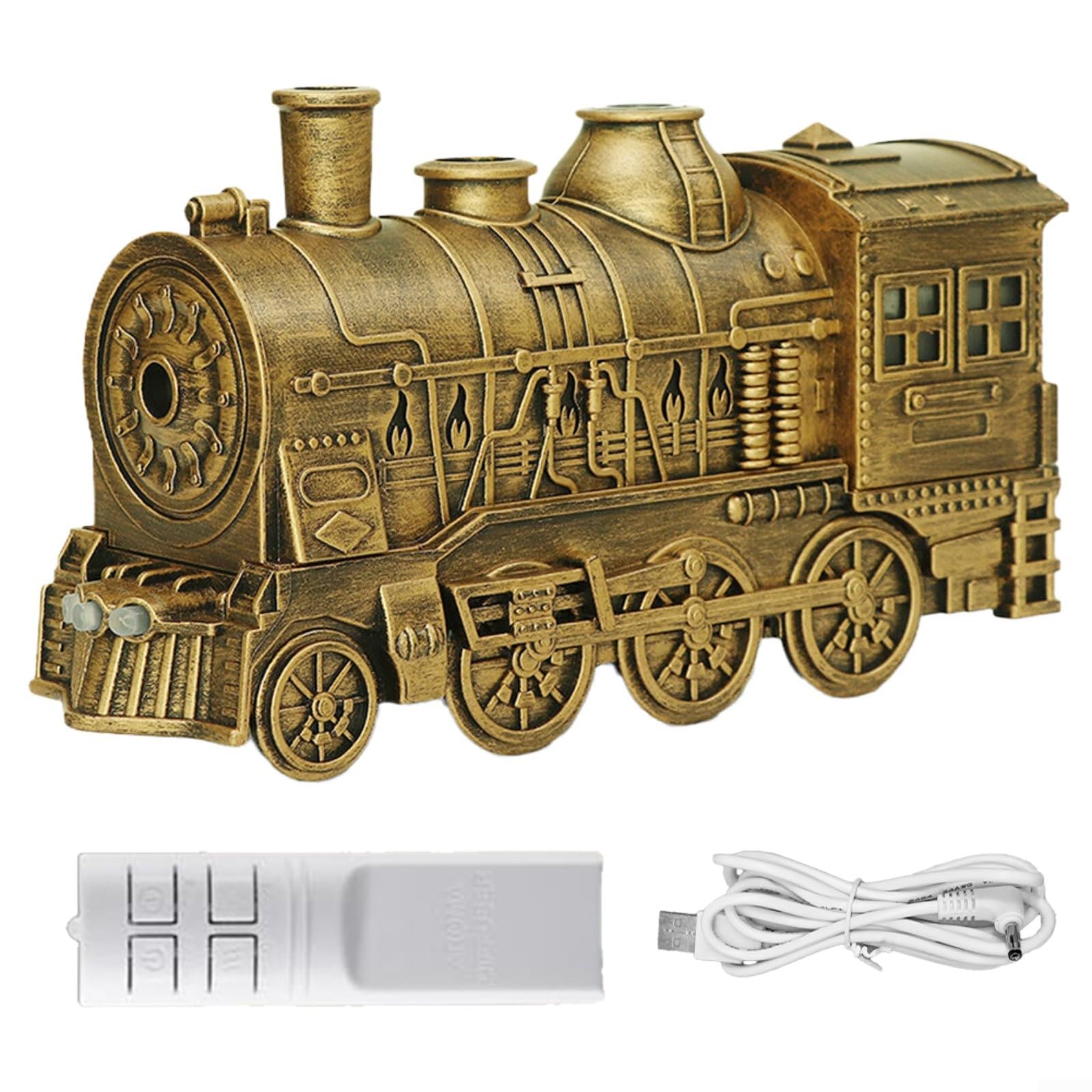 Diffuseur d'huiles essentielles train rétro 300ml, humidificateur d'aromathérapie avec télécommande, lumières bleues froides et flamme chaude, ultra-silencieux, arrêt automatique, grande capacité