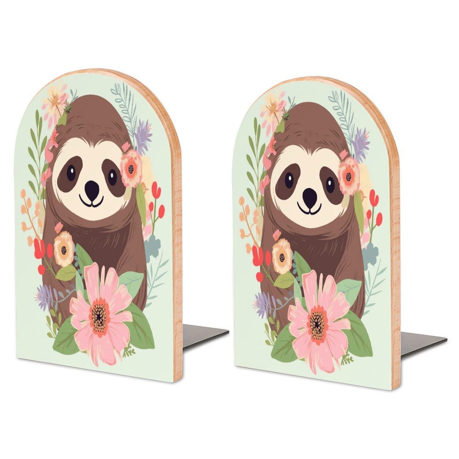 Large Sloth and Flowers Book End with Metal Base Fashion Heavy Duty Bookend Exquisite Wooden Bookends Non-Skid Book Stopper for Shelves Books Organizer for Office Home 1 Pair