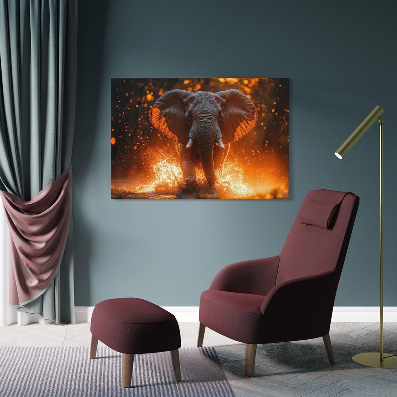 Junmoney Frame-Style-18 Elephant Splashing In Water, Golden Light Canvas Wall Art, 12X18inch(30X45cm), For Wall Displays, Bedrooms Or Room Updates, Ideal For Building A Coordinated Art Wall