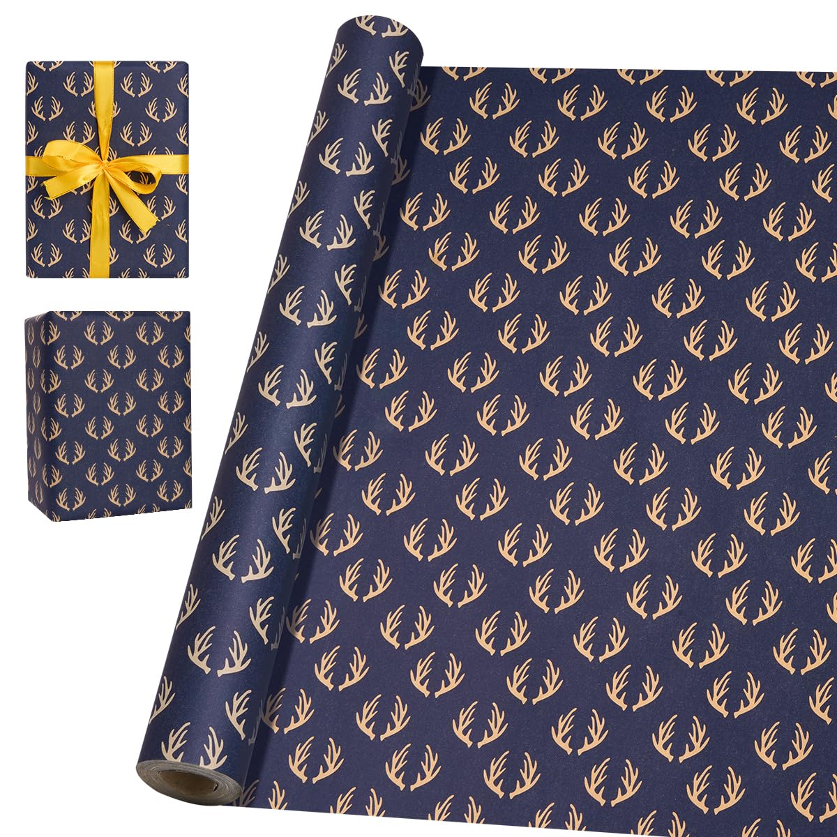 Blue Gift Wrapping Paper Roll, 43cm x 15M Recyclable Kraft Paper Print with Elk for Christmas, Birthday, Baby Shower, Party Gift Decoration