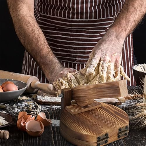 Miniatura 6 de HEMOTON Máquina de quesadilla de prensa de tortilla de madera 2 piezas redondas de dumpling para la piel, prensa de tortilla, prensa de masa,