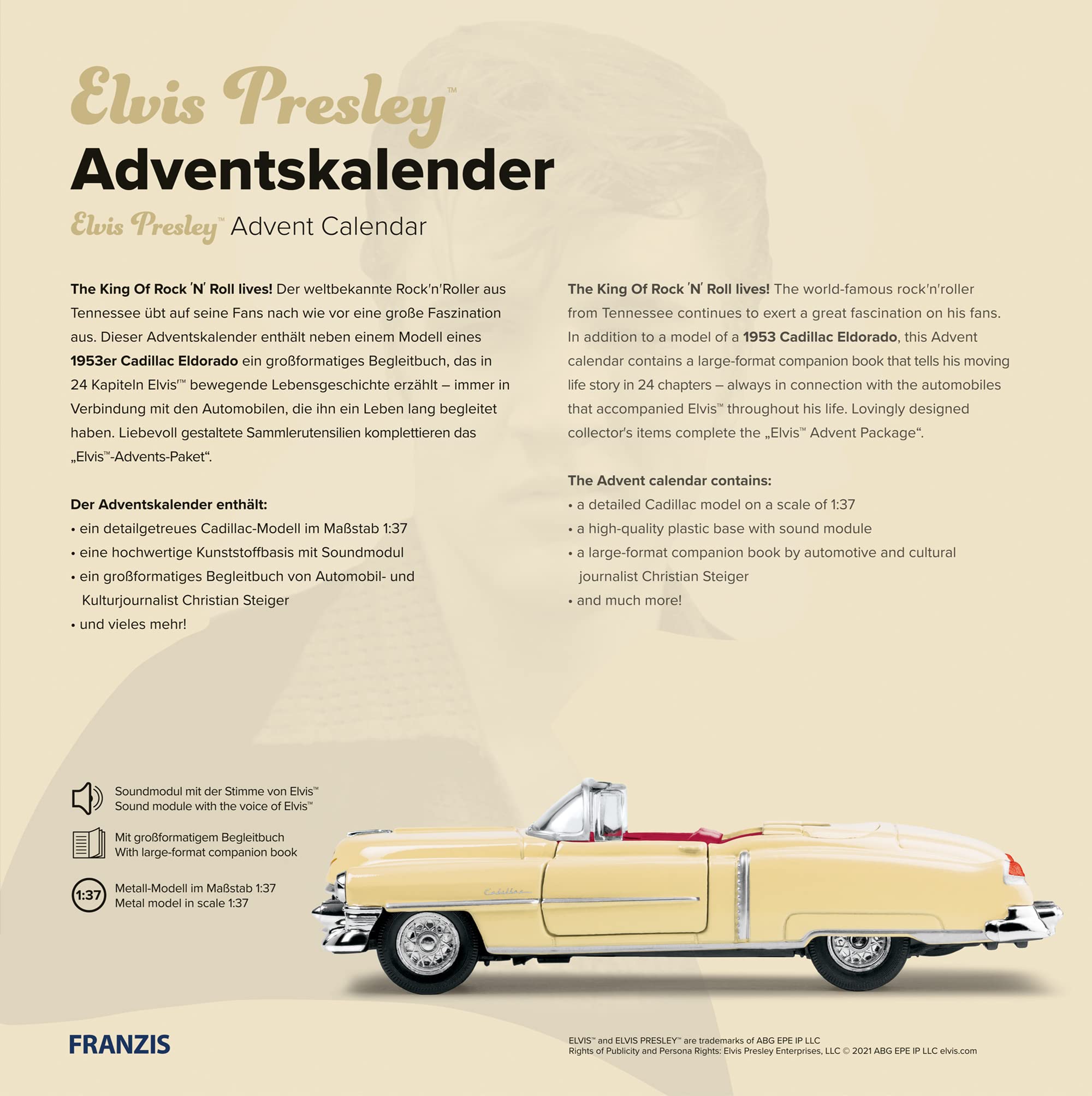 FRANZIS 55120 - Elvis Presley Adventskalender, Cadillac Eldorado Metallmodell im Maßstab 1:37, inkl. Soundmodul und 52-seitigem Begleitbuch