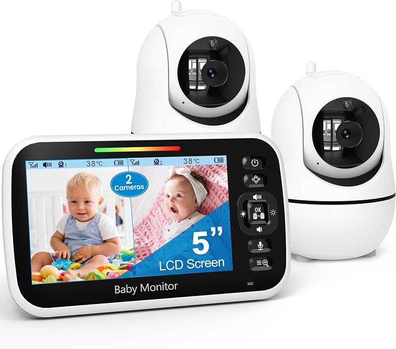 Monitor para bebés con pantalla dividida de 5" con 2 cámaras y audio | Cámara segura sin WiFi, batería de 30 horas, PTZ remoto, visión nocturna automática, temperatura ambiente, audio bidireccional, canciones de cuna, alcance de 960 pies