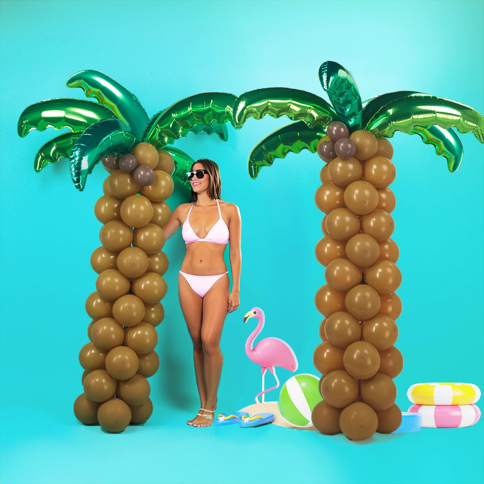 Tropical Palm & Coconut Trees Balloons - 12 Foil Green & 10 Latex Brown & Deep Brown Magic Balloons - Suitable for Hawaii Luau Party, Birthday, Baby