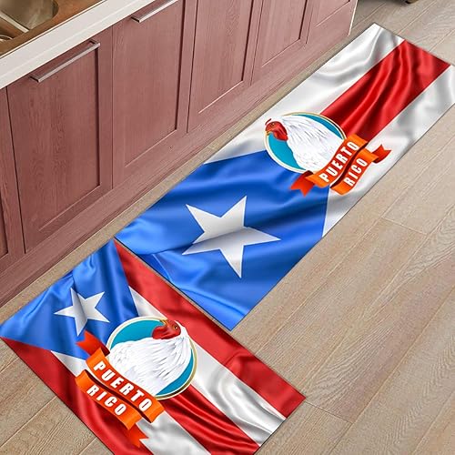 Miniatura 3 de Kitchen Rug Mats Set of 2 Piece Puerto Rico Flag Non Slip Cushioned Rug Farm Rooster Anti-Fatigue Washable Comfort Floor Mat Carpets Home Decor for