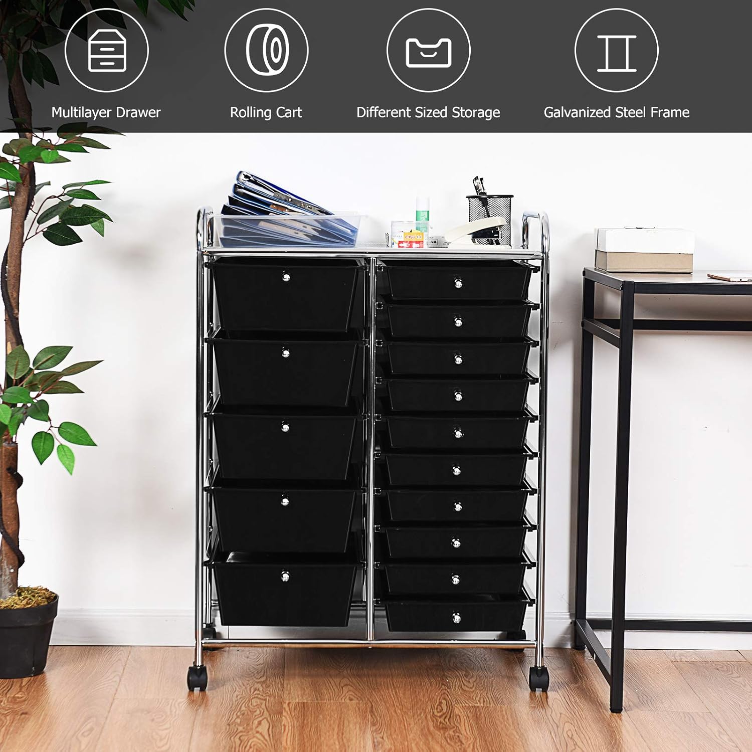 FANTASK 15 Drawers Rolling Storage Cart, Multipurpose Mobile Rolling Drawers Craft Organization w/Drawers & Wheels, Utility Storage Organizer Carts for Scrapbook Paper Supply Kid School Office Home