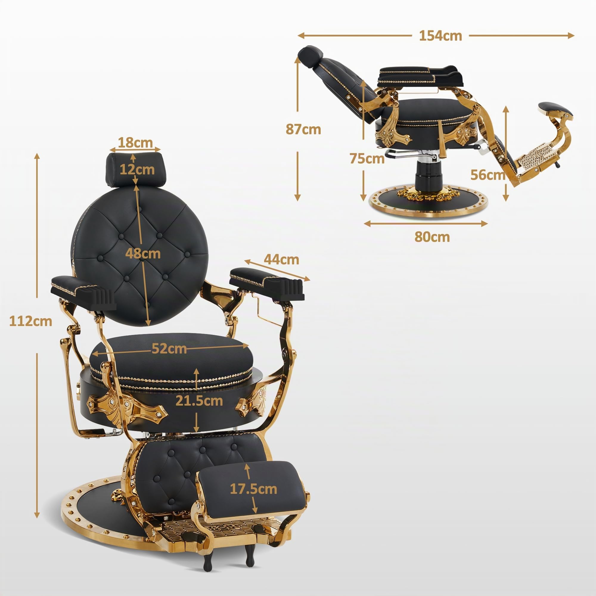 Barberpub Friseurstuhl mit Kopfstütze Kippbar, Barber Stuhl Retro Vintage, 360° Drehbar & Höhenverstellbar, Friseureinrichtung Hydraulisch, Kunstleder, 8688(Gold-Schwarz)