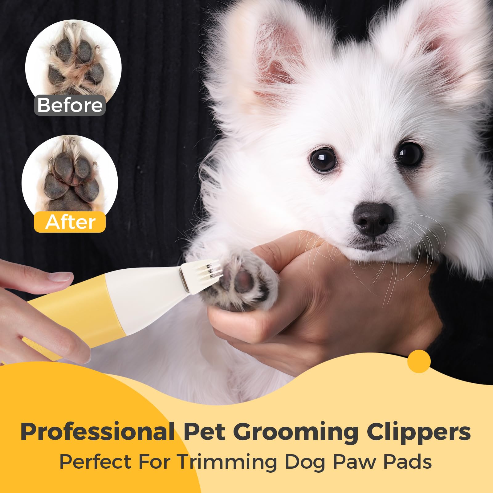 ZOESEEK Dog paw Trimmer with Three Blades, Cordless Small Pet Hair Grooming Trimmer, Cat's paw Nail Filer for Safe Clipper, Low Noise for Trimming Dog's Fur Around Paws, Eyes, Ears, Face, Rump-Yellow