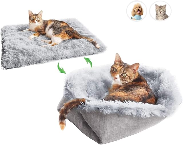 LANEUGU Plush Fluffy Dog Cat Mat,Self-Warming 2 in 1 Pet Beds,Faux Fur Beds for kitten and Medium Small Dog,Grey