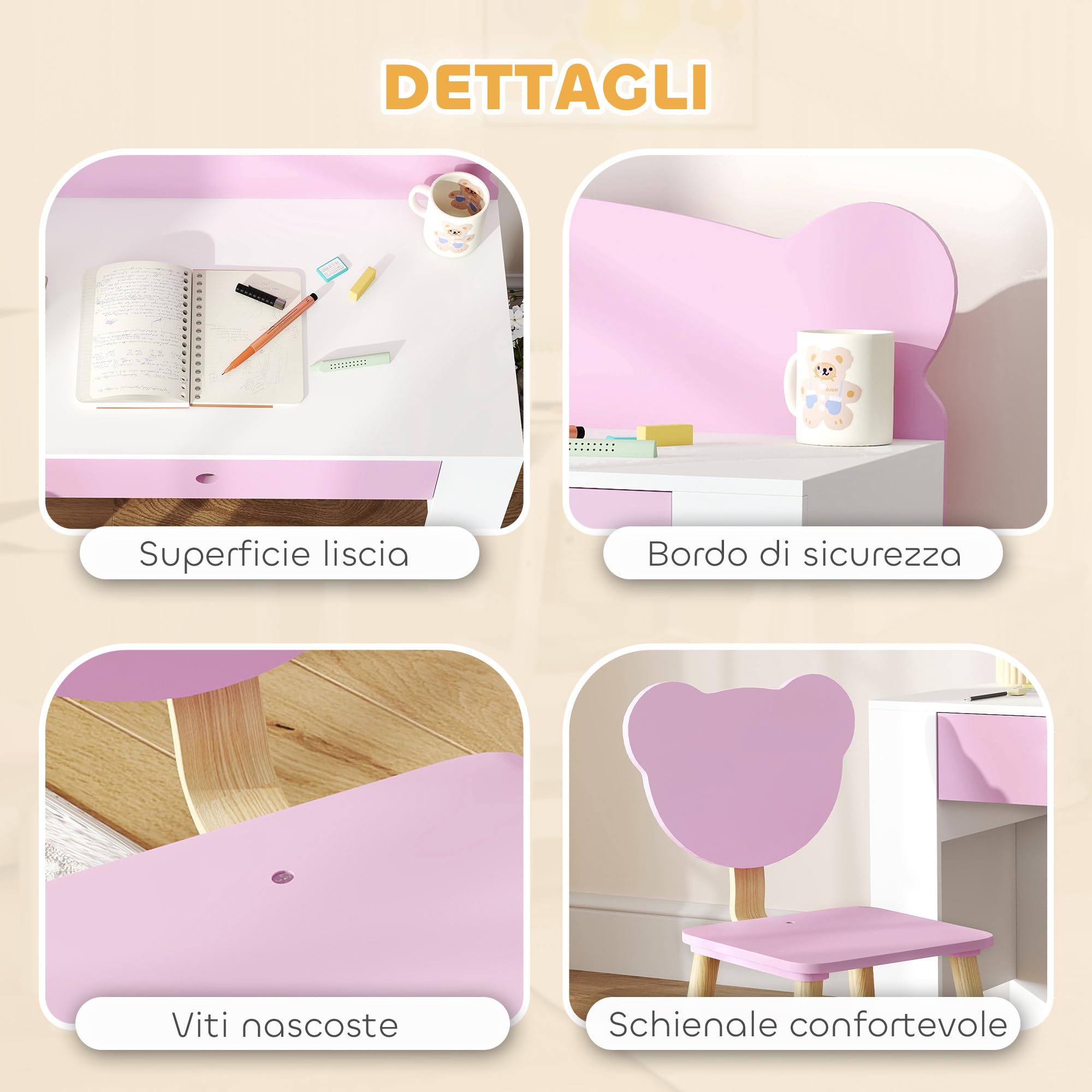 AIYAPLAY Set Scrivania per Bambini con Sedia, Tavolo da Studio con Cassetto, Schienale a Forma di Orsetto, Età 3-8 Anni, Rosa