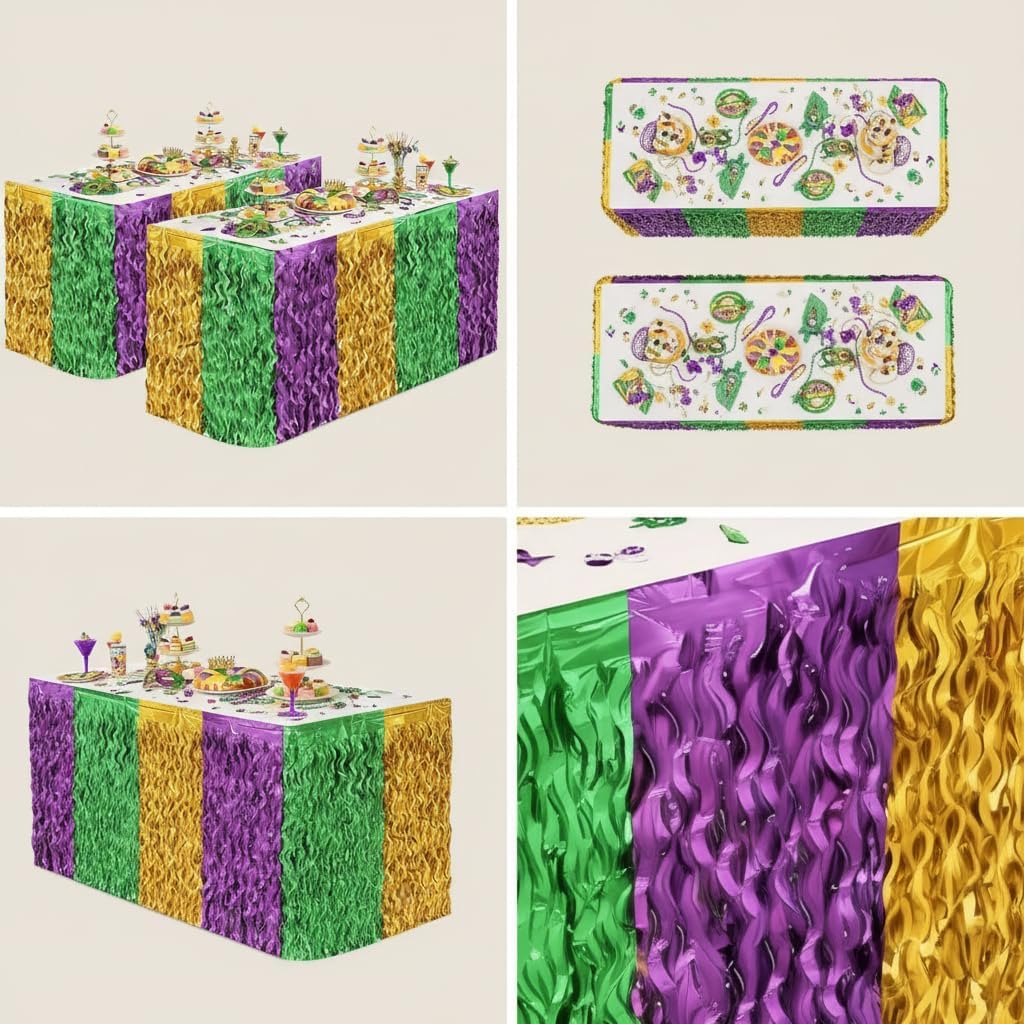 2 Pcs Mardi a Gras Party Decorations, Mardi a Gras Table Skirt, Green Purple Gold Metallic Wavy Foil Fringe Tinsel Fringe Table Skirt, Home Party Carnival Decor Supplies