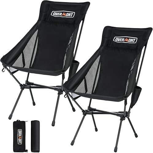 Overmont Silla de camping portátil de respaldo alto, soporte de 440 libras, silla plegable ligera de gran tamaño para adultos, compacta con almohada