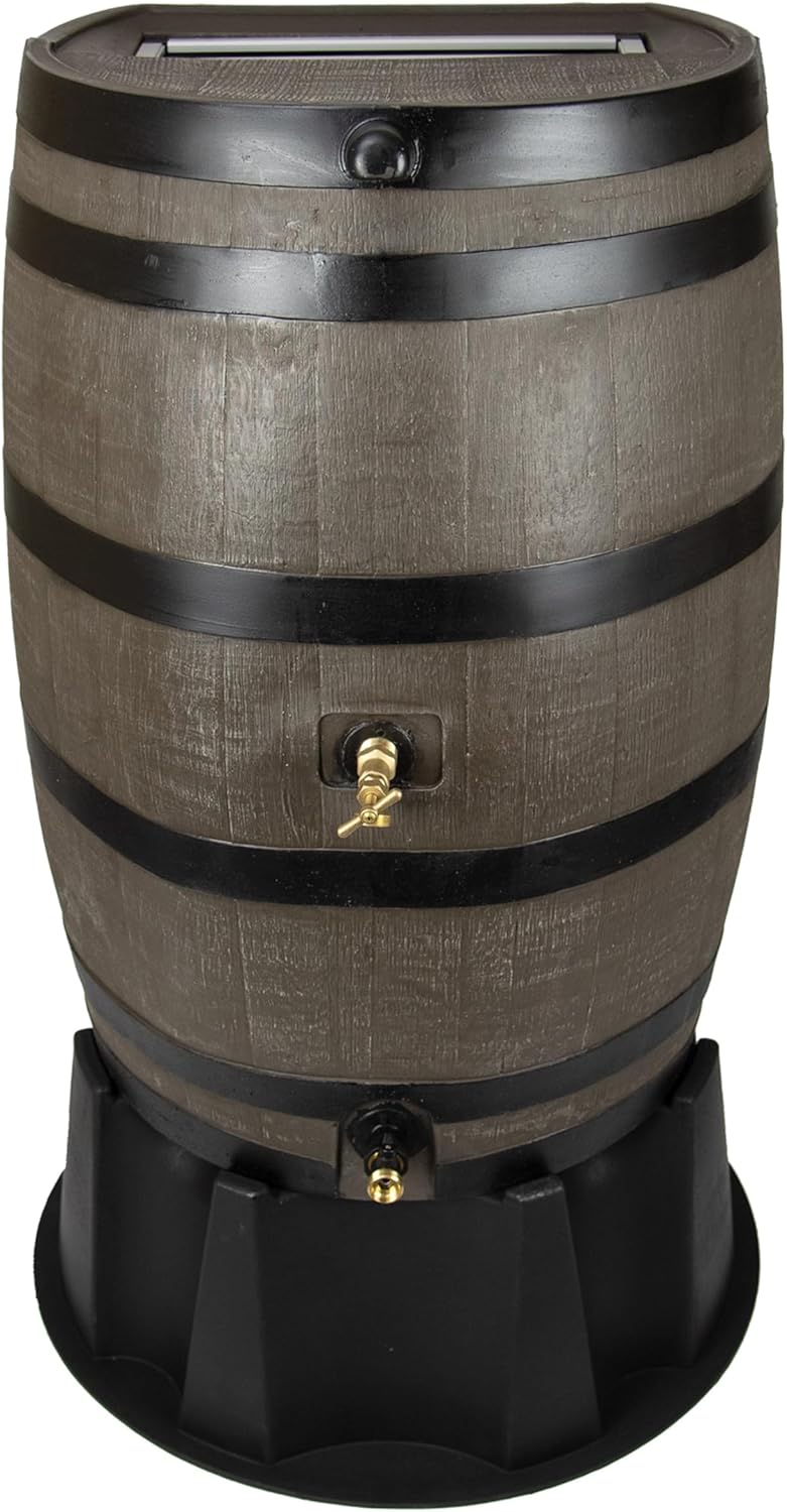 50-Gallon Dual Spigot Rain Barrel, Flat Back Rain Water Collection Barrel, Stand Included, Woodgrain with Black Stripes