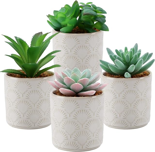 Nisoger Artificial Plant in Pots Set of 4 Fake Succulent Plants with Pot Indoor & Outdoor Small Plastic Faux Plants for Living Room Office Desk Bathroom Kitchen DIY Decoration Home Accessories